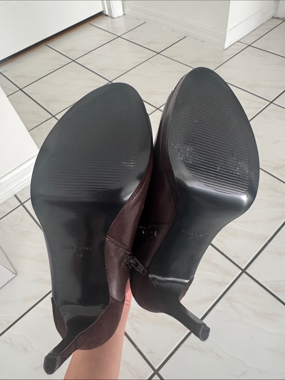 Nine West Dark Brown Peep-Toe Leather & Suede Ankle Boot heels - Picture 2 of 4